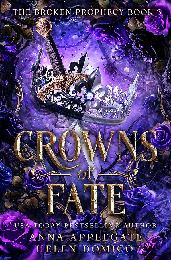 Book cover of 'Gowns of Fate' with a crown, sword, and purple roses on a dark background.