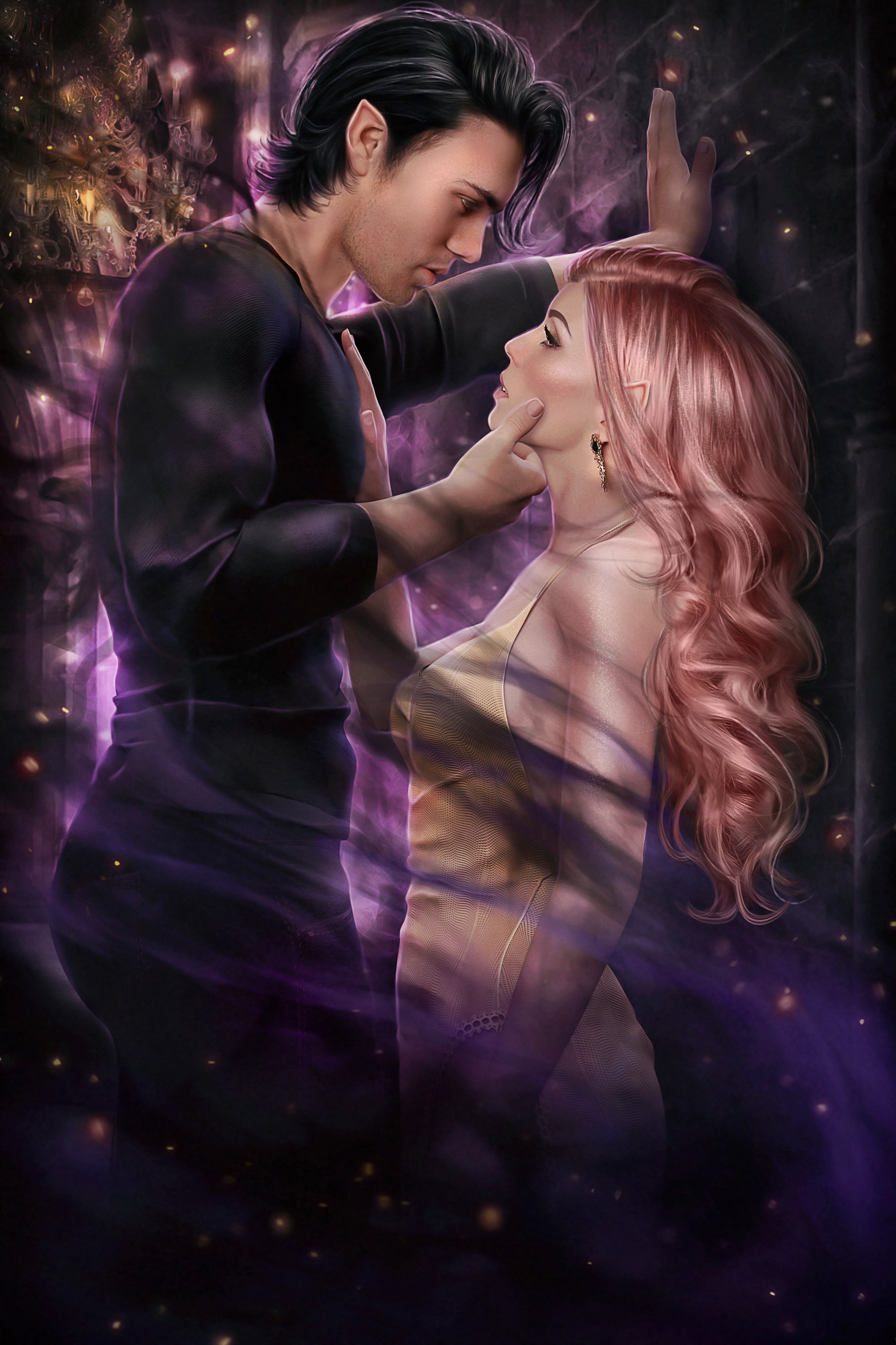 Two people embracing with a mystical, starry background